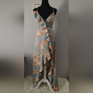 Women Satin Dress Look M Ruffles Sleeveless Size Small Color Green Floral New